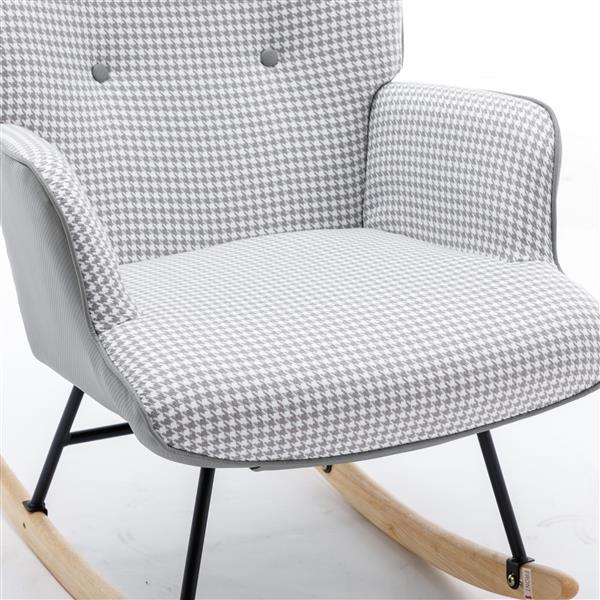 35.5 inch Rocking Chair, Soft Houndstooth Fabric Leather Fabric Rocking Chair for Nursery, Comfy Wingback Glider Rocker with Safe Solid Wood Base for Living Room Bedroom Balcony (light grey)