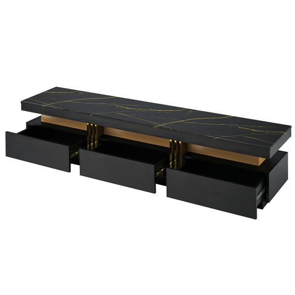 Luxury TV Stand with High Gloss Faux Marble Top for TVs Up to 78'', Rectangle Media Console with Golden Panel Design, Practical Entertainment Center with 3 Drawers for Living Room, Black