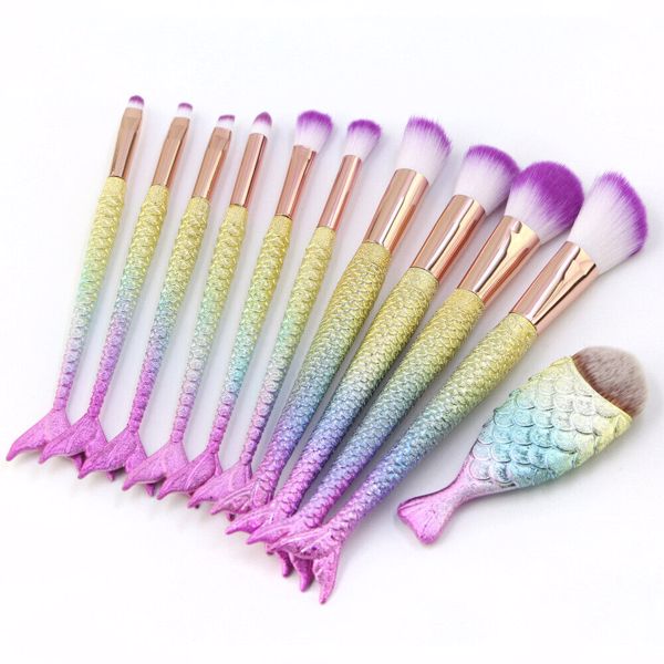 11Pcs Mermaid Make up Brushes Eye Shadow Blusher Kabuki Face Powder For women