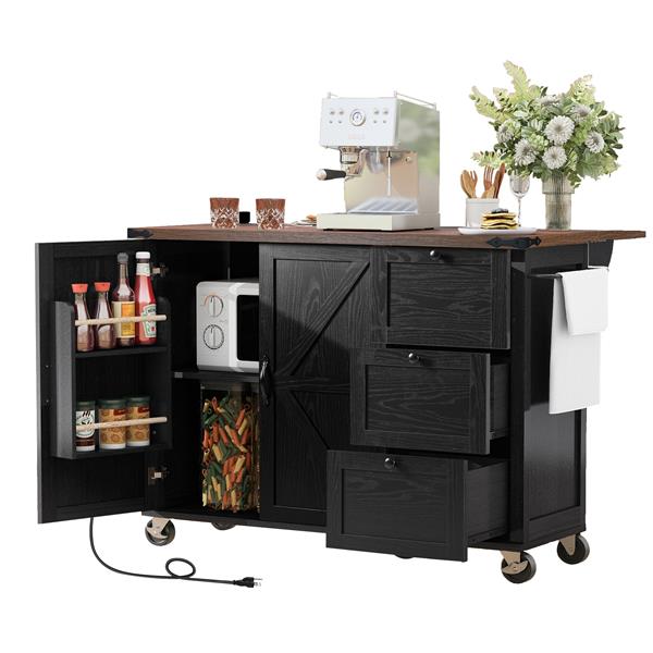 54.5" Farmhouse Kitchen Island with Power Outlet, Kitchen Storage Island  with Internal Storage Rack, Drop Leaf, Spice Rack, Rolling Kitchen Cart on Wheels, for Home, Kitchen and Dining Room,Black