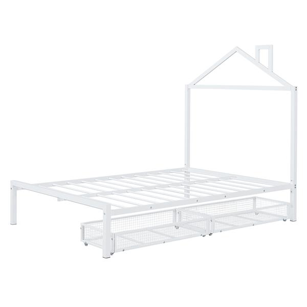 Full Size Metal Platform Bed with two drawers,House-Shaped Headboard Design, White