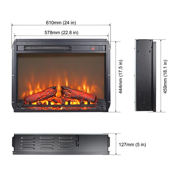 23 inch electric fireplace insert, ultra thin heater with log set & realistic flame, remote control with timer, overheating protection