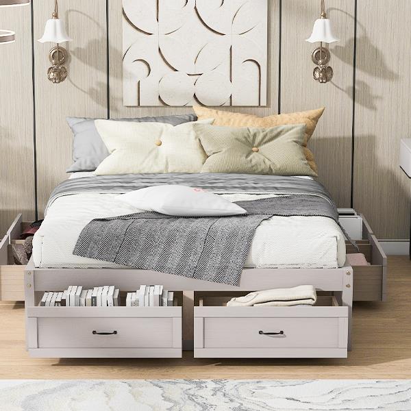 Queen Size Platform Bed with 6 Storage Drawers,Antique White