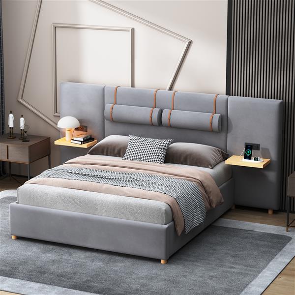 Queen Upholstered Platform Bed, Two Outlets and USB Charging Ports on Both Sides, Two Bedside Pillows, Storage Shelves, Gray