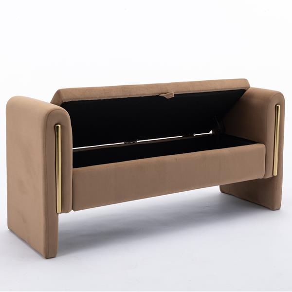 032-Velvet Fabric Storage Bench Bedroom Bench With Gold Metal Trim Strip For Living Room Bedroom Indoor,Coffee