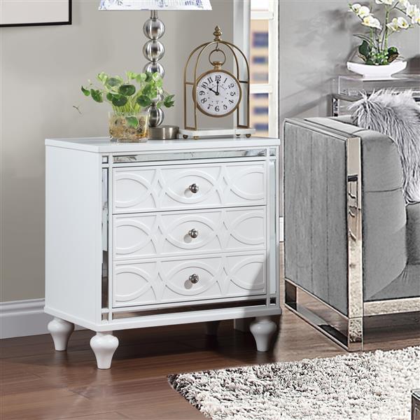 Contemporary Nightstands with mirror frame accents, Bedside Table with two drawers and one hidden drawer, End Table with Crystal Pull for Living Room,Bedroom, White