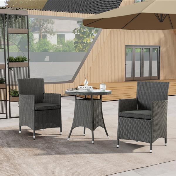 3 Piece Outdoor Dining Set All-Weather Wicker Patio Dining Table and Chairs with Cushions, Round Tempered Glass Tabletop for Patio Backyard Porch Garden Poolside