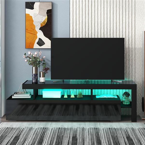 Modern Style 16-colored LED Lights TV Cabinet,  UV High Gloss Surface Entertainment Center with DVD Shelf,  Up to 70 inch TV, Black