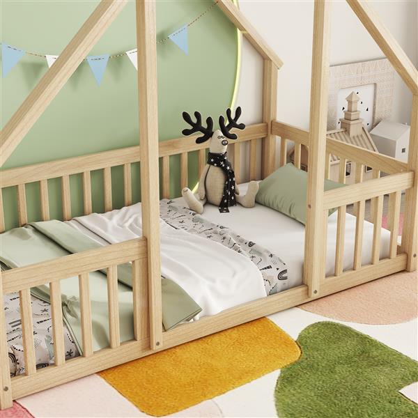 Twin Wood House-Shaped Floor Bed with Fence, Guardrails ,Natural