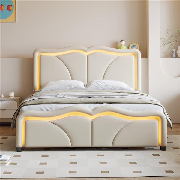 Full Size Upholstered Platform Bed with Curve Shaped and Height-adjustbale Headboard,LED Light Strips,White