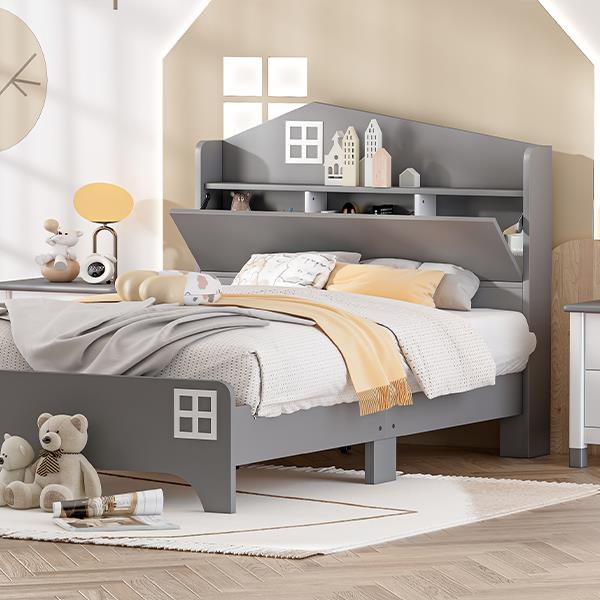 Wooden Twin Size House Bed with Storage Headboard ,Kids Bed with Storage Shelf,Grey