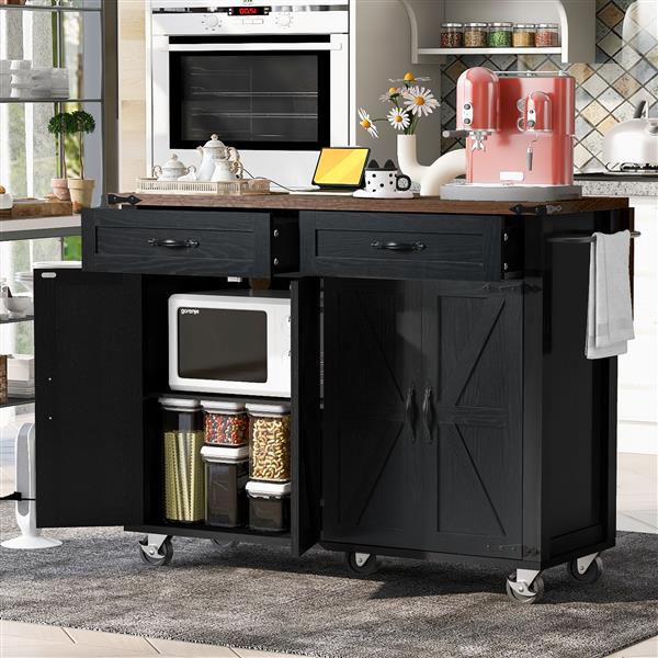 53.5''Farmhouse Kitchen Island with Power Outlet, Kitchen Storage Island with Drop Leaf, Spice Rack and Drawer, Rolling Kitchen Cart on Wheels, for Home, Kitchen and Dining Room, Black