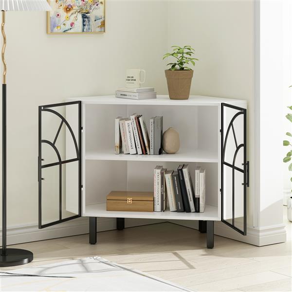 37.40"Glass Two-Door Hexagonal Corner Cabinet, for Corner of Living Room, Hallway, Study and Other Spaces, White