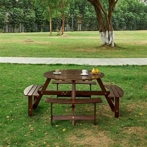 Outdoor 8 Person Picnic Table, 8 person Round Picnic Table with 4 Built-in Benches, Umbrella Hole, Outside Table and Bench Set for Garden, Backyard, Porch, Patio,  Brown