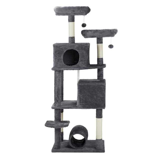 65 inch Cat Tree Cat Tower for Indoor Cats, Large Multi-Level Cat Play House Condo Furniture with Padded Platform Beds, Large Cozy Condos, Sisal Scratching Posts, Toy Balls and Cat Play Tunnel, Dark G