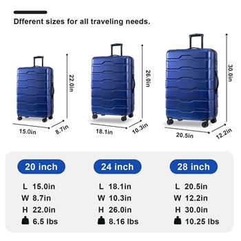 Luggage Sets ABS+PC Hardshell 3pcs Clearance Luggage Hardside Lightweight Durable Suitcase sets Spinner Wheels Suitcase with TSA Lock (20/24/28), BLUE