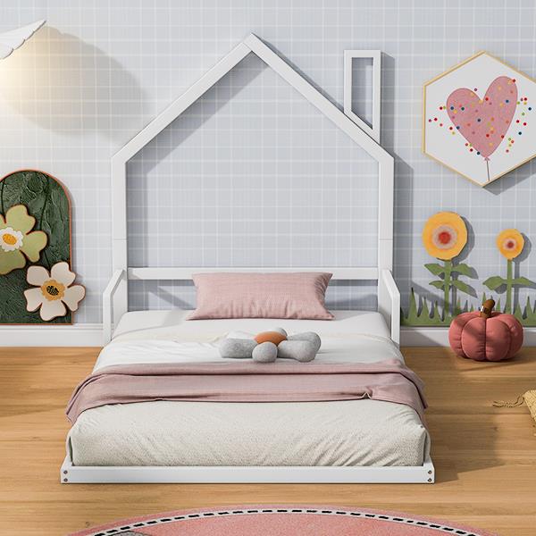 Twin Size Metal Floor Bed with House-shaped Headboard, White