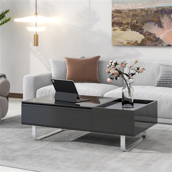 [VIDEO provided] Multi-functional Coffee Table with Lifted Tabletop, Contemporary Cocktail Table with Metal Frame Legs, High-gloss Surface Dining Table for Living Room, Black