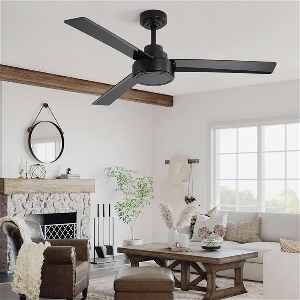 52" Outdoor Ceiling Fan Without Light, 3 ABS Blades Farmhouse Ceiling Fan with Remote Control 6-speed Reversible DC Motor Black for Living Room, Bedroom, Kitchen