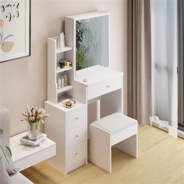 Small Space Left Bedside Cabinet Vanity Table + Cushioned Stool, Extra Large Right sliding mirror, Multi Layer High Capacity Storage, Practical Fashionable Dresser, Suitable for Girls Up to 5.6ft Tall