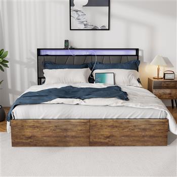 Full Bed Frame with Storage, Ergonomic Headboard,  Bed Frame with 2 Storage Drawers, Built in Charging Station & LED, Outlets & USB, Full Size, Noise Free, No Box Spring Needed, Rustic Brown