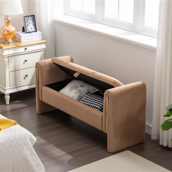 032-Velvet Fabric Storage Bench Bedroom Bench With Gold Metal Trim Strip For Living Room Bedroom Indoor,Coffee