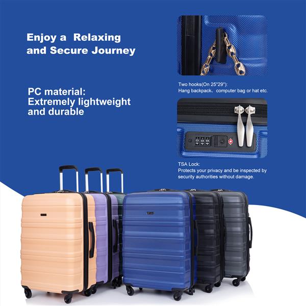 3 Piece Luggage Sets PC Lightweight & Durable Expandable Suitcase with Two Hooks, Spinner Wheels, TSA Lock, (21/25/29) Dark Blue