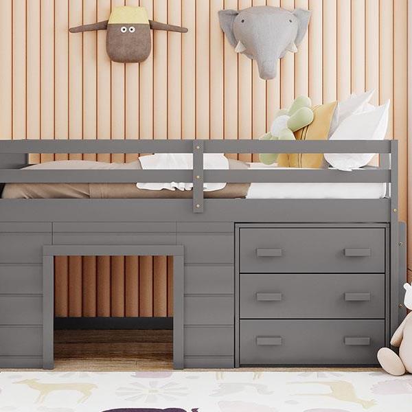 Twin Size Loft Bed with Cabinet and Shelf - Gray