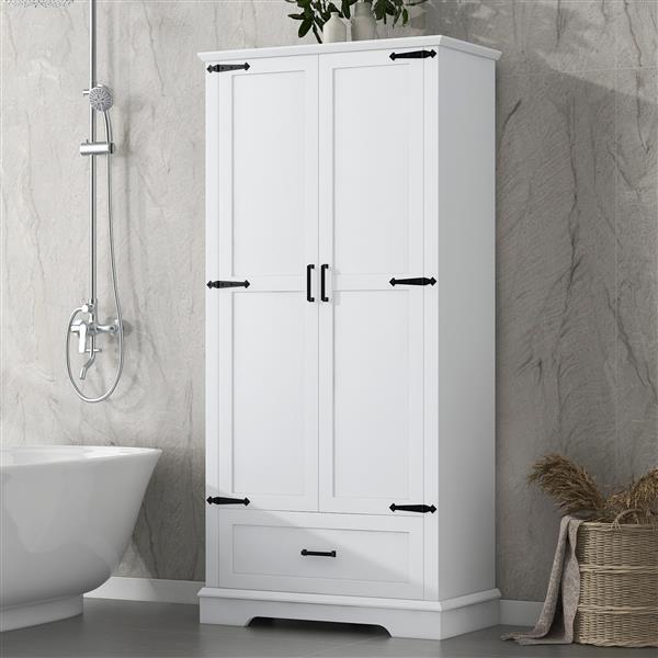 Tall Bathroom Storage Cabinet, Cabinet with Two Doors and One Drawer, Adjustable Shelf, MDF Board, White