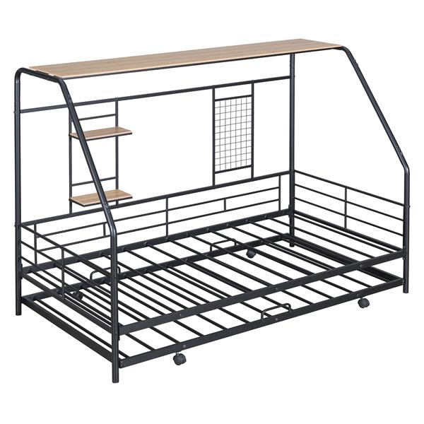 Twin Size Metal House Bed with Trundle, Black