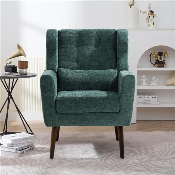 Modern Chair,Chenille Arm Chairs for Living Room,Upholstered Mordern Armchair,Comfy Soft Padded Lounge Chair in Small Space, Bedroom, w/Pillow, Solid Wood Leg (Blackish Green)