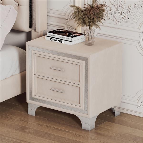 2-Drawer Nightstand with Metal Legs for Bedroom, Mid Century Nightstand Fully Assembled Except Legs and Handles,Velvet Bedside Table-Beige