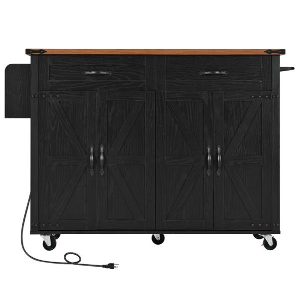 53.5''Farmhouse Kitchen Island with Power Outlet, Kitchen Storage Island with Drop Leaf, Spice Rack and Drawer, Rolling Kitchen Cart on Wheels, for Home, Kitchen and Dining Room, Black