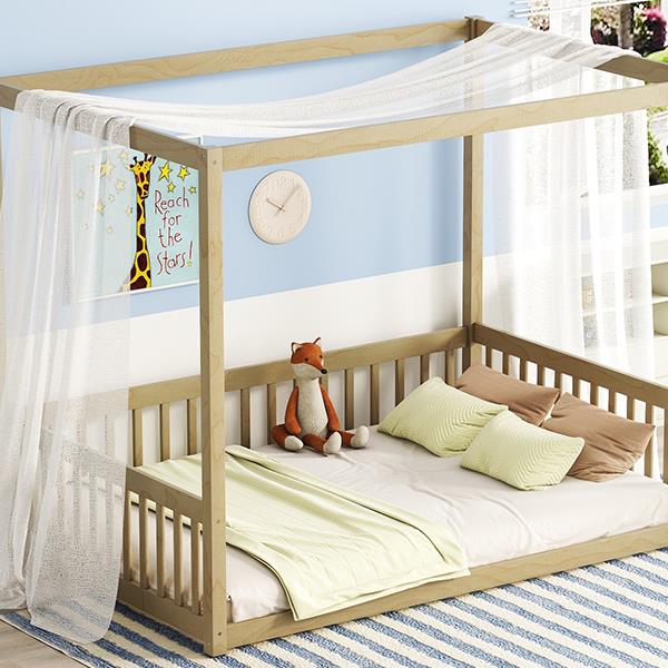 Full Size Canopy Frame Floor Bed with Fence, Guardrails,Natural