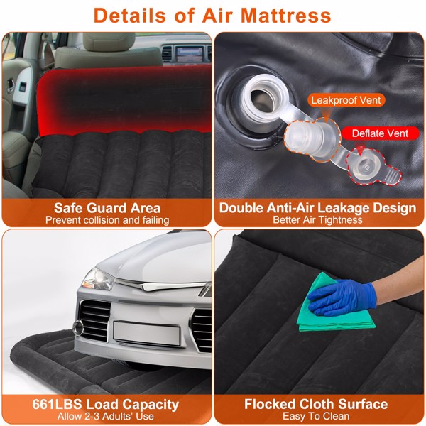 Air Mattress,SUV Air Mattress Thickened Camping Bed Cushion with Pillow Air Pump Storage Bag PVC Flocked Car Bed for Home Car Travel Camping (Grey)