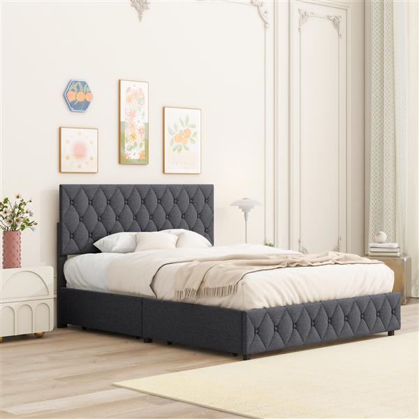 Queen Size Upholstered Platform Bed Frame with 4 Storage Drawers, Adjustable Linen Headboard, Wooden Slats Support, No Box Spring Needed, Easy Assembly,Grey