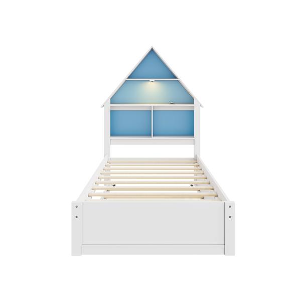 Twin Size House-Shaped Bed with Bookcase Headboard and Led Light and Twin Size Trundle for Kids Boys Girls, Blue+ White