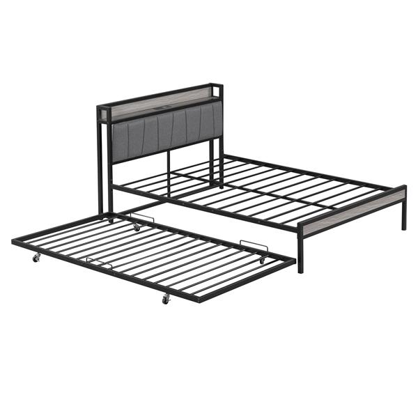 Full Size Metal Platform Bed Frame with Twin size trundle, Upholstered headboard, Sockets, USB Ports and Slat Support, No Box Spring Needed, Black