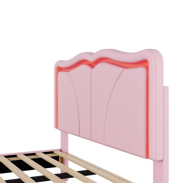 Full Size Upholstered Platform Bed with Curve Shaped and Height-adjustbale Headboard,LED Light Strips,Pink