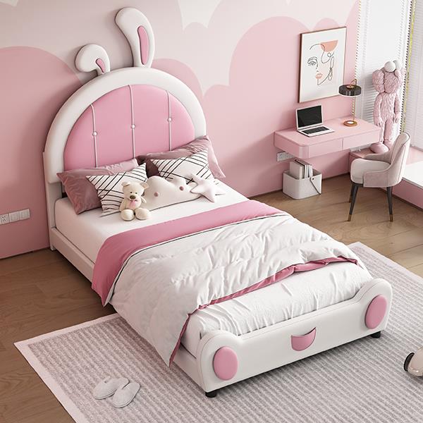 Twin Size Upholstered Platform Bed with Rabbit Shaped Headboard, White