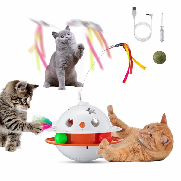 4 in 1 Automatic Interactive Cat Toy Cat Toy with Butterfly Flying Random Moving Ambush Feather Catnip Ball Smart Kitten Toy for Indoor Cats Dual Power Automatic Cat Teasing Stick