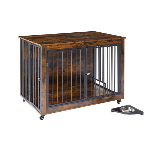 Furniture Style Dog Crate Side Table With Rotatable Feeding Bowl, Wheels, Three Doors, Flip-Up Top Opening. Indoor, Rustic Brown, 43.7"W x 30"D x 33.7"H