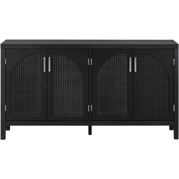 Large Storage Space Sideboard with Artificial Rattan Door and Metal Handles for Living Room and Entryway (Black)