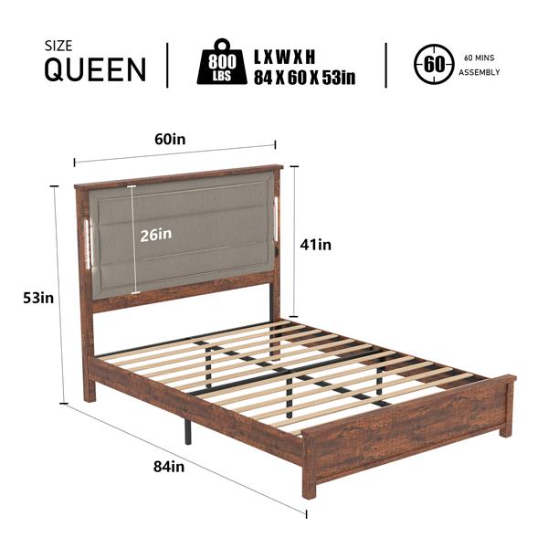 Queen Size Bed Frame with Upholstered Headboard, Queen Bed Frame with Charging Station and LED Lights, Wood Slats, Dark Gray Linen,  No Box Spring Needed, Easy Assembly