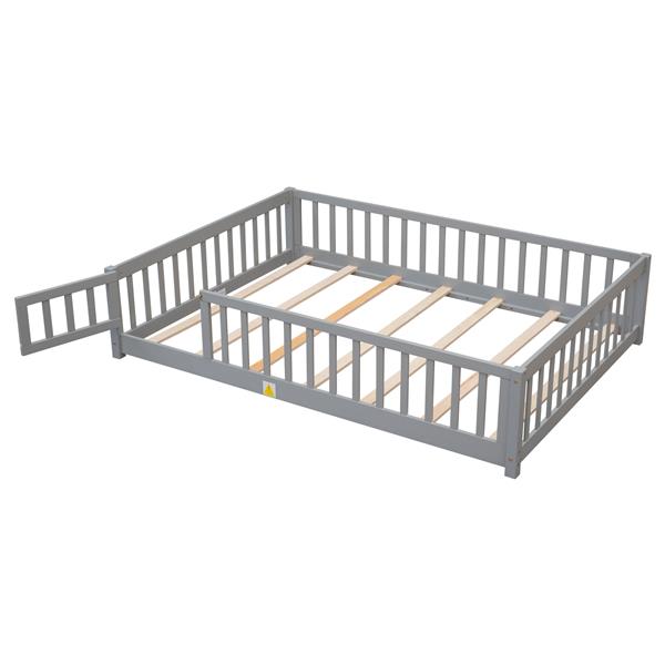 Full size Floor Platform Bed with Fence and Door,Grey