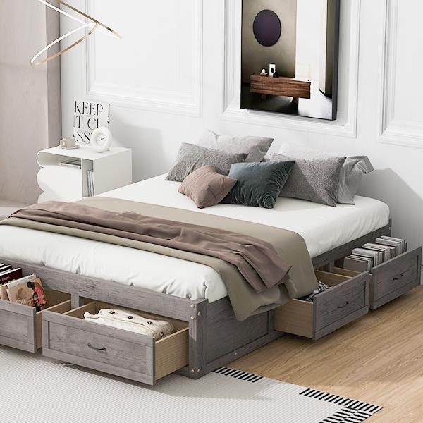 Queen Size Platform Bed with 6 Storage Drawers,Antique Gray