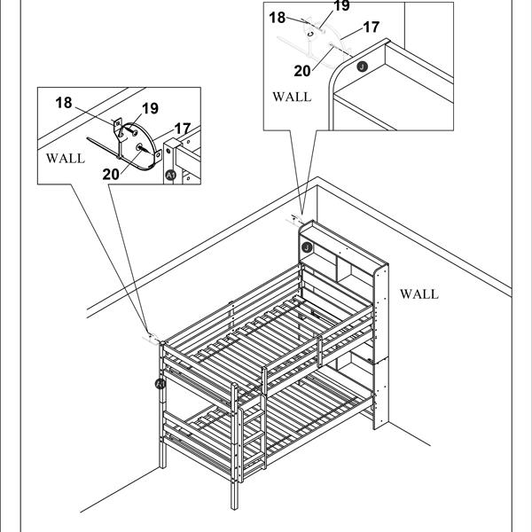 Twin Over Twin Bunk Beds with Bookcase Headboard, Solid Wood Bed Frame with Safety Rail and Ladder, Kids/Teens Bedroom, Guest Room Furniture, Can Be converted into 2 Beds, Grey