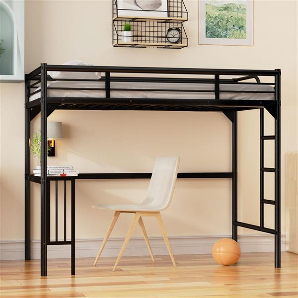 Twin Metal Loft Bed with Desk, Ladder and Guardrails,bookdesk under bed , Black