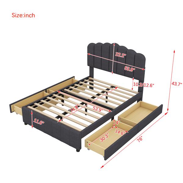 Full Size Upholstered Bed with 4 Storage Drawers,Wood Slat Support, Gray