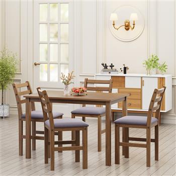 5PCS Stylish Dining Table Set 4 Upholstered Chairs with Ladder Back Design for Dining Room Kitchen Brown Cushion and Antique Oak